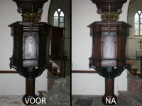 Preekstoel kerk Almen. Hout imitaie eiken,Lochem.