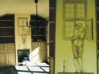 17èeuws tafereel geschilderd op muur schouw.